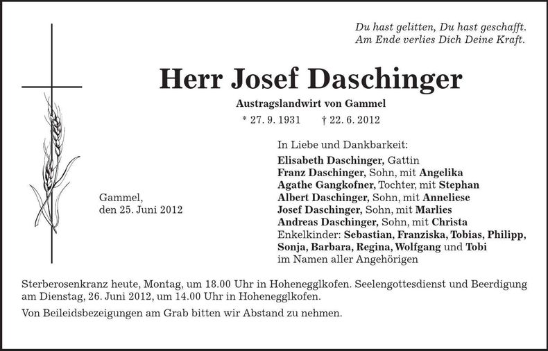 Traueranzeige Josef Daschinger
