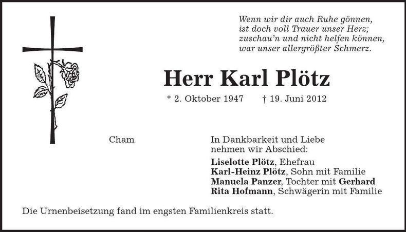 Traueranzeige Karl Plötz