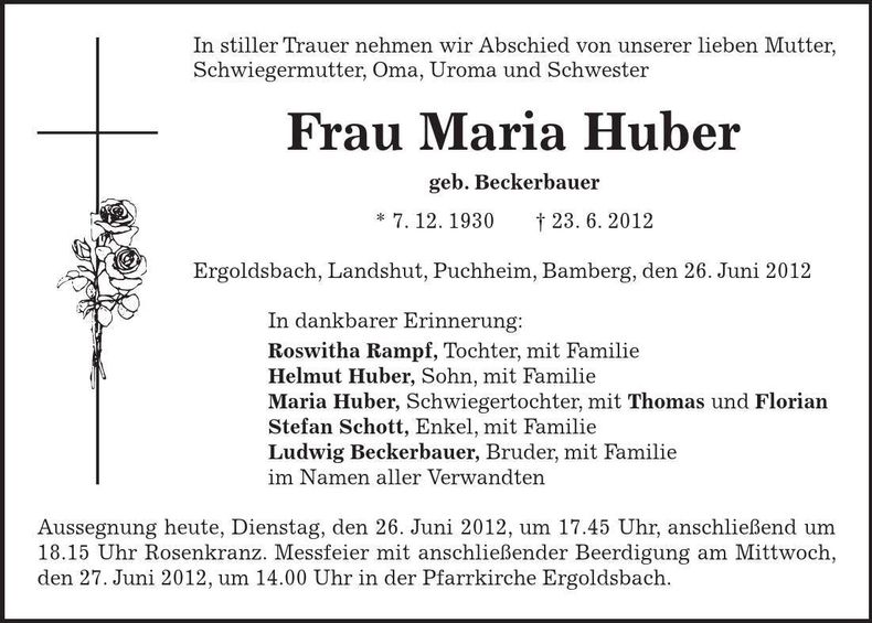 Traueranzeige Maria Huber