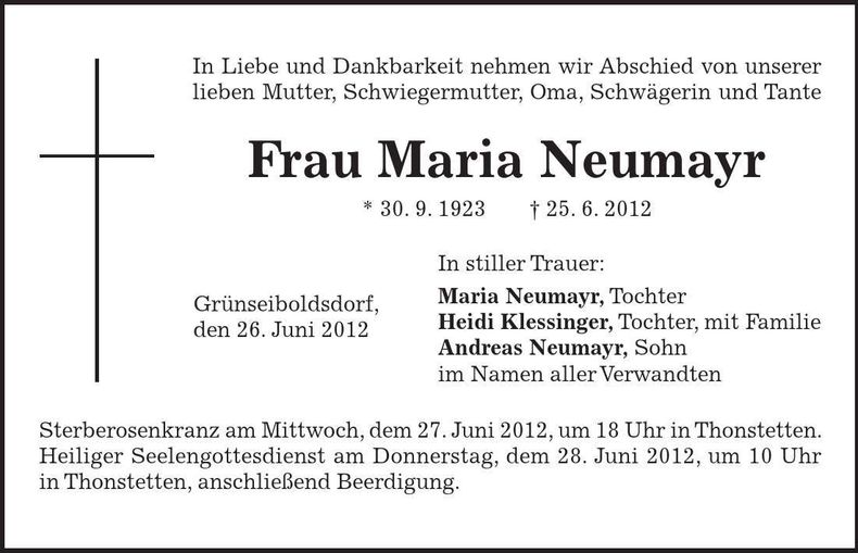 Traueranzeige Maria Neumayr