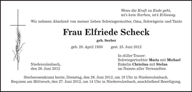 Traueranzeige Elfriede Scheck