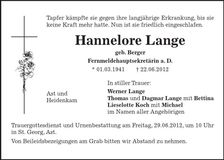 Traueranzeige Hannelore Lange