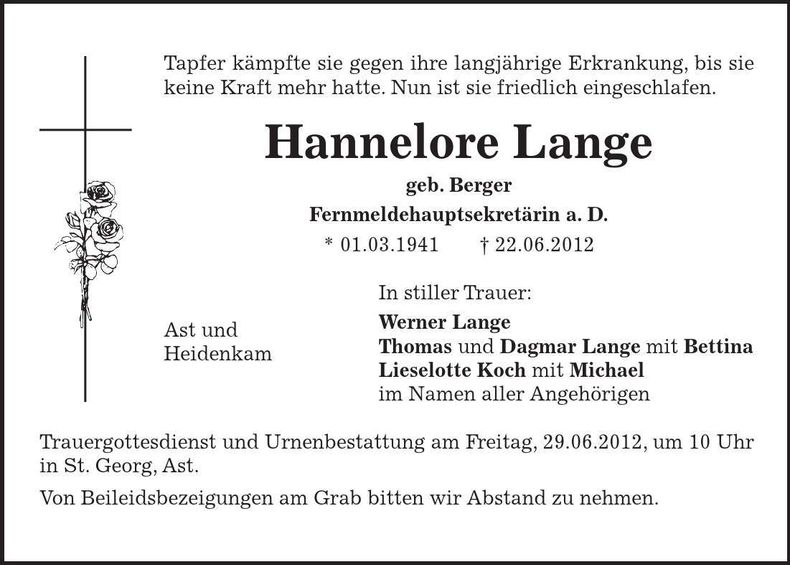 Traueranzeige Hannelore Lange
