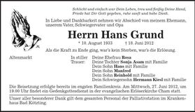 Traueranzeige Hans Grund