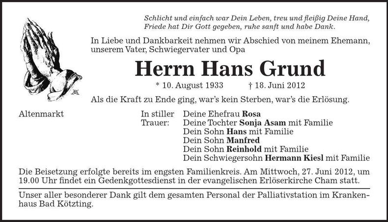 Traueranzeige Hans Grund