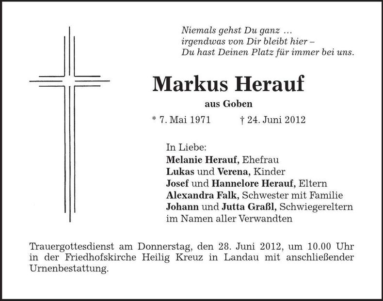 Traueranzeige Markus Herauf