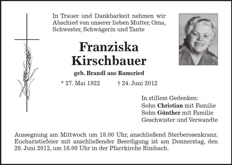 Traueranzeige Franziska Kirschbauer
