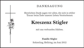 Traueranzeige Kreszenz Stigler