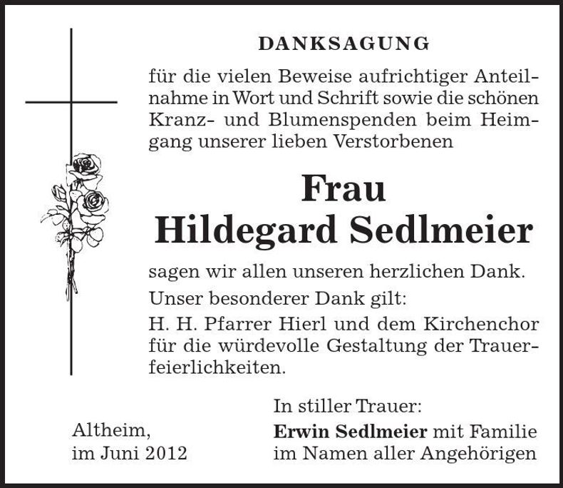 Traueranzeige Hildegard Sedlmeier