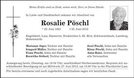 Traueranzeige Rosalie Pöschl
