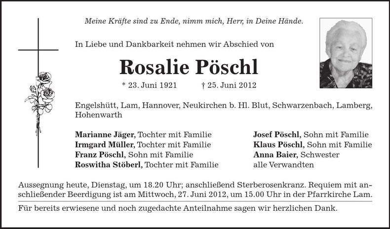 Traueranzeige Rosalie Pöschl