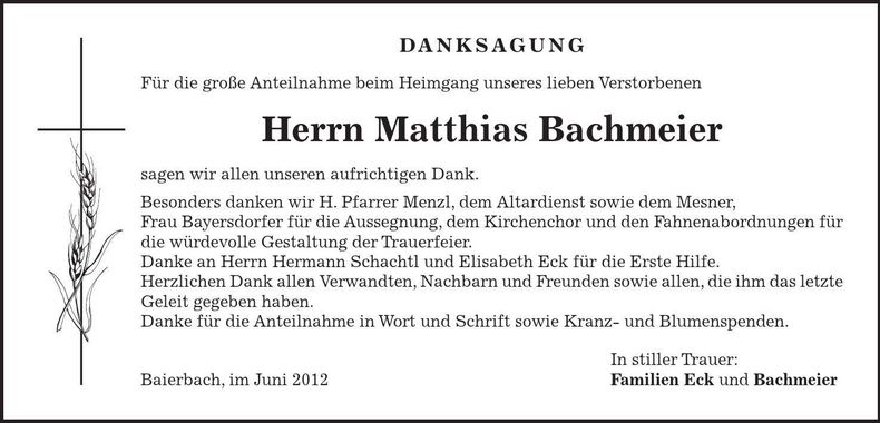 Traueranzeige Matthias Bachmeier