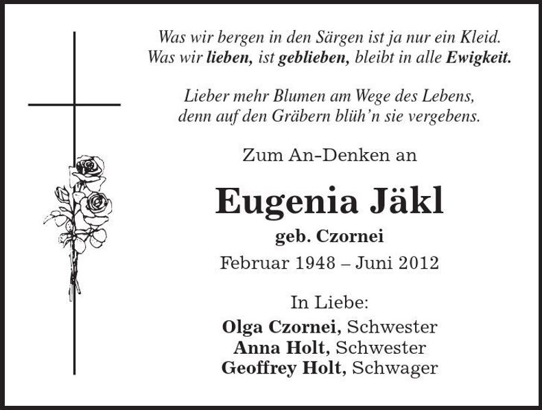 Traueranzeige Eugenia Jäkl