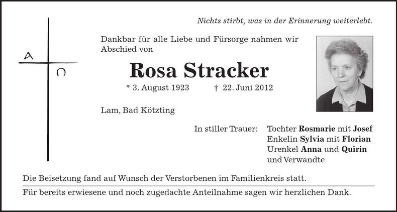 Traueranzeige Rosa Stracker