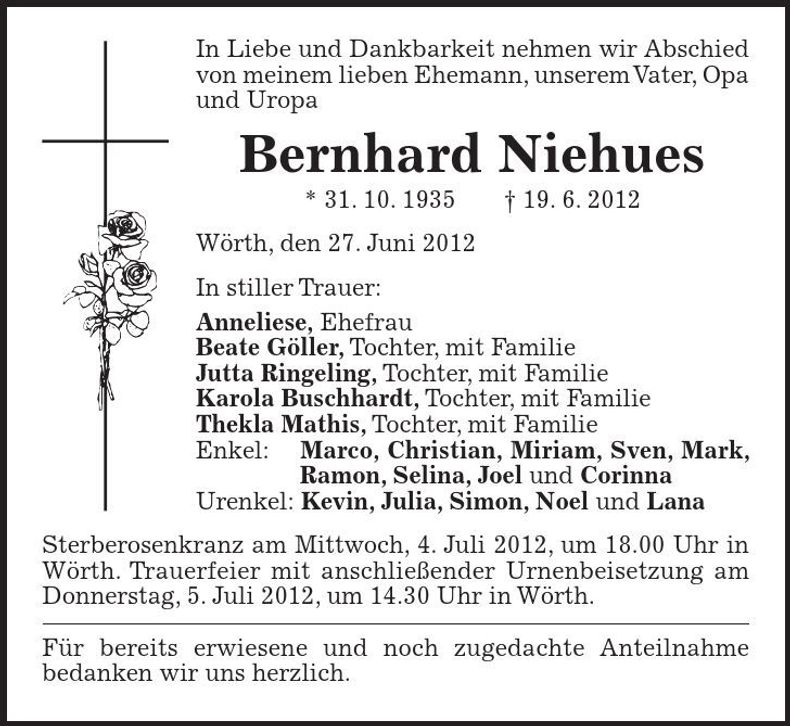 Traueranzeige Niehues Bernhard