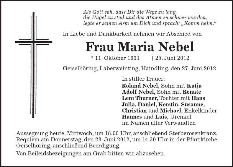 Traueranzeige Maria Nebel