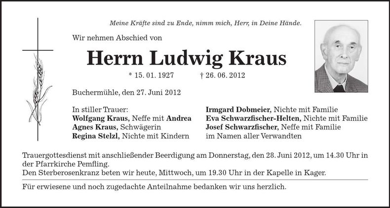 Traueranzeige Wolfgang Kraus