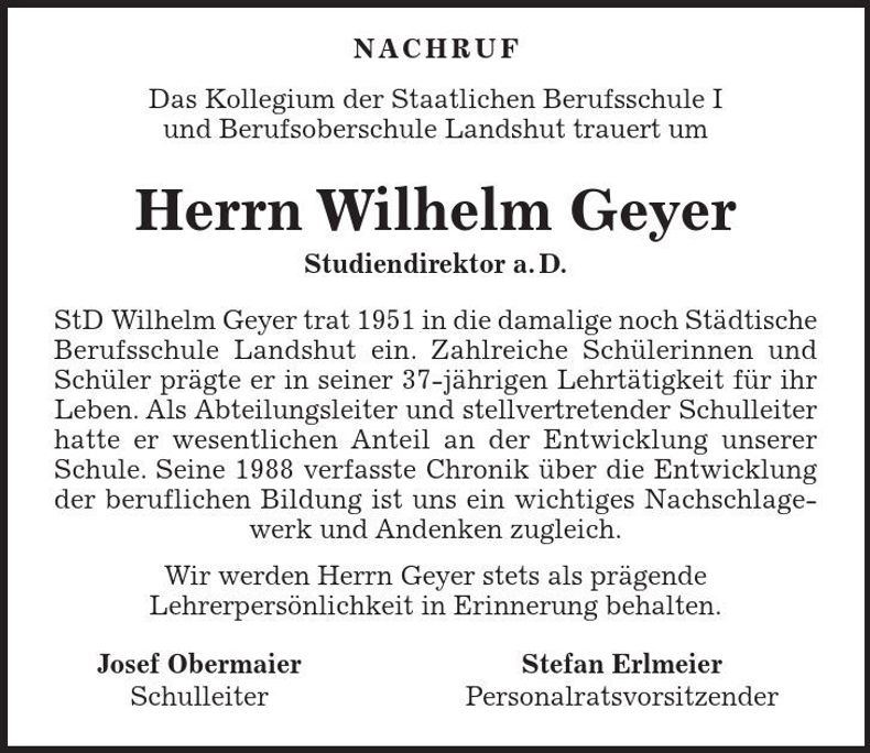 Traueranzeige Wilhelm Geyer