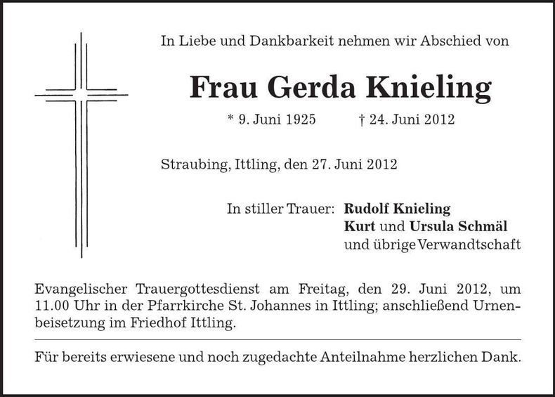 Traueranzeige Gerda Knieling