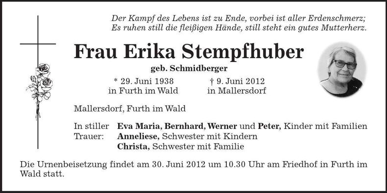 Traueranzeige Erika Stempfhuber