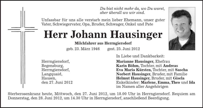 Traueranzeige Johann Hausinger