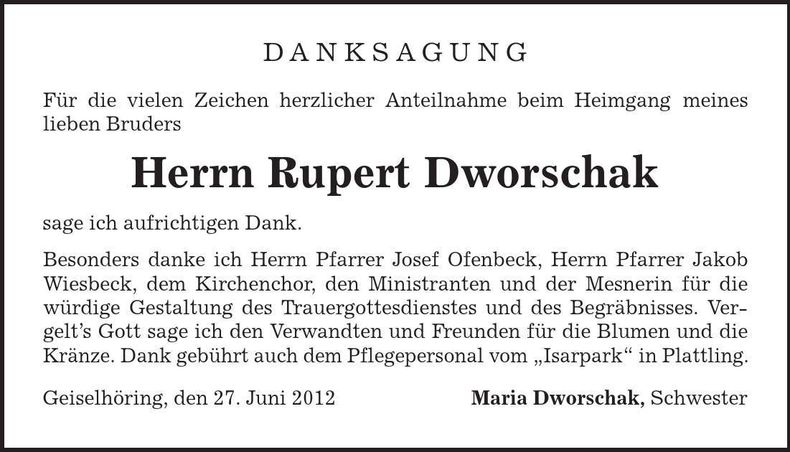 Traueranzeige Rupert Dworschak