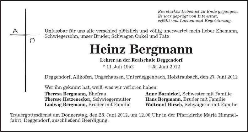 Traueranzeige Heinz Bergmann