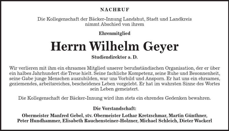 Traueranzeige Wilhelm Geyer