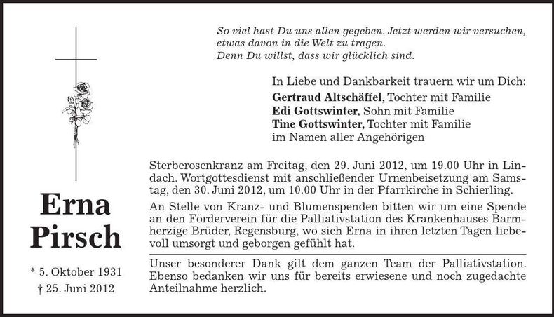 Traueranzeige Erna Pirsch
