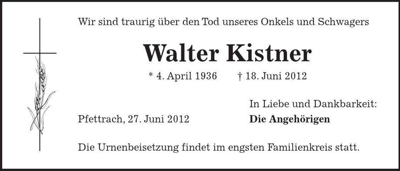 Traueranzeige Walter Kistner