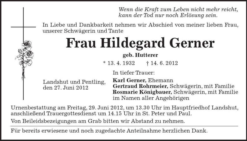 Traueranzeige Hildegard Gerner