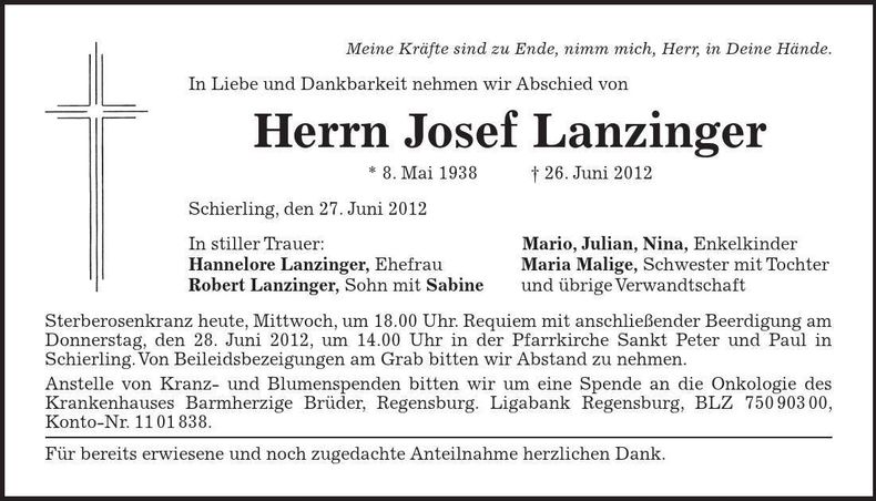 Traueranzeige Josef Lanzinger