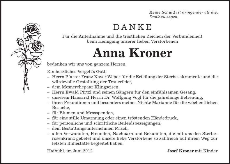 Traueranzeige Anna Kroner