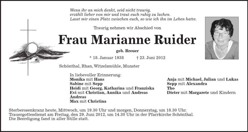 Traueranzeige Marianne Ruider
