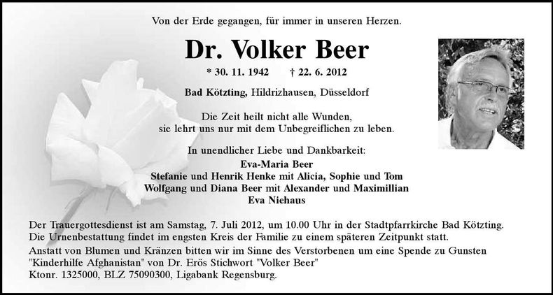 Traueranzeige Volker Dr. Beer