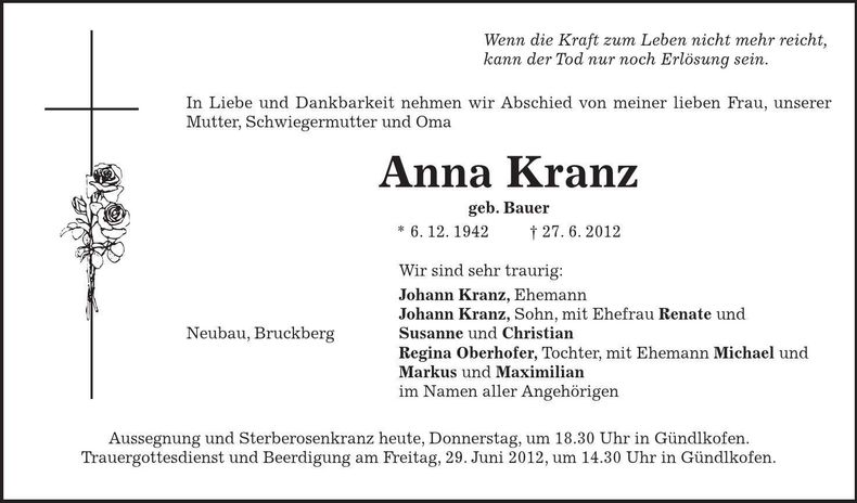 Traueranzeige Anna Kranz