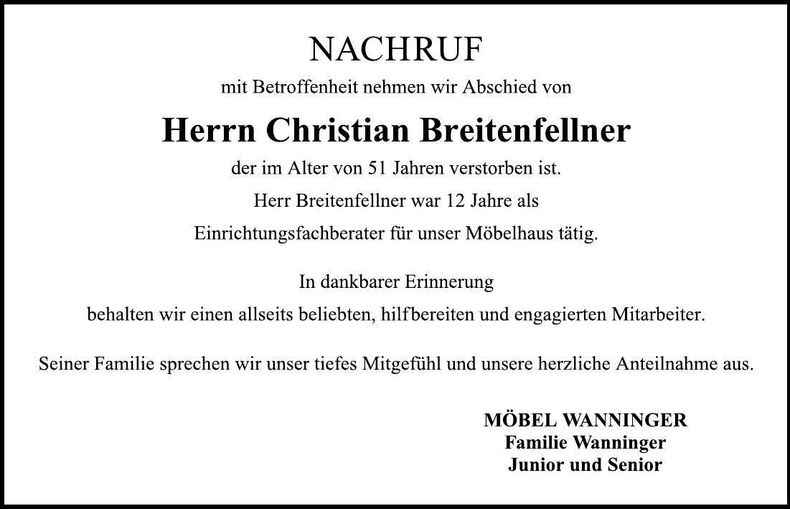 Traueranzeige Christian Breitenfellner