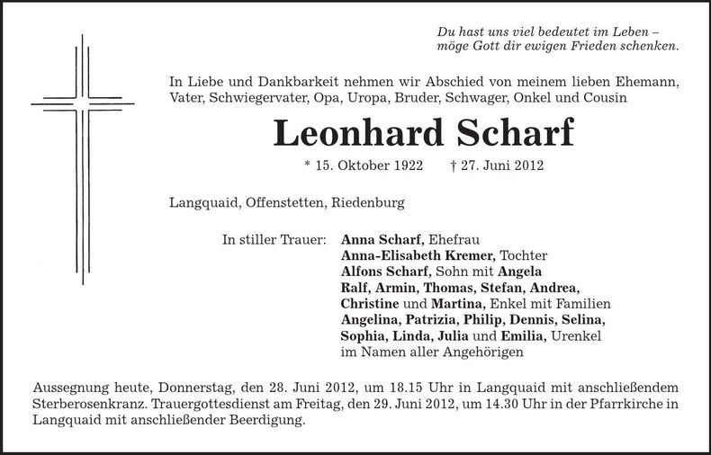 Traueranzeige Leonhard Scharf