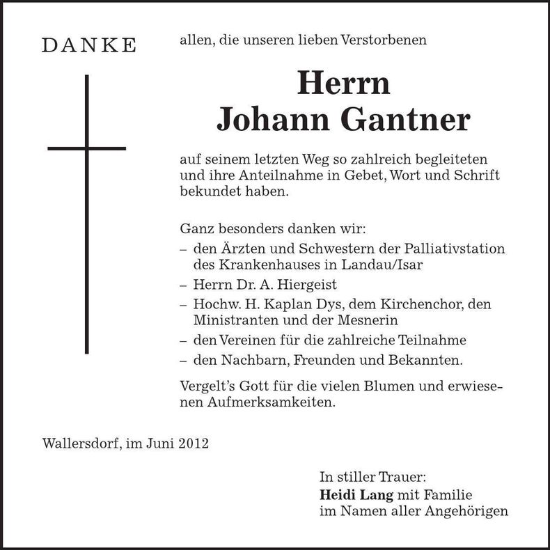 Traueranzeige Johann Gantner