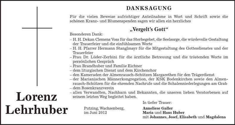Traueranzeige Lorenz Lehrhuber