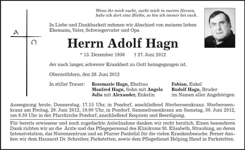 Traueranzeige Adolf Hagn