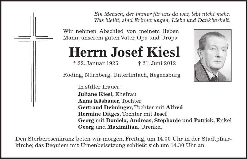 Traueranzeige Josef Kiesl
