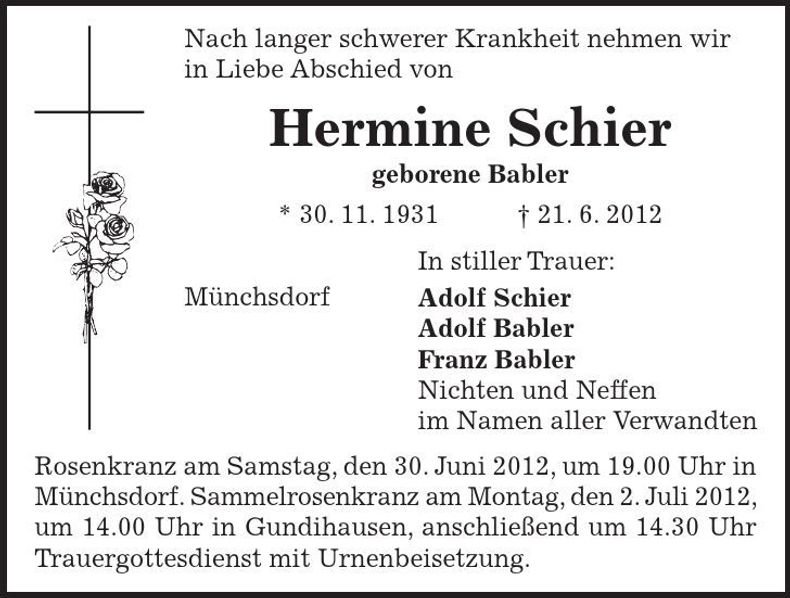 Traueranzeige Hermine Schier