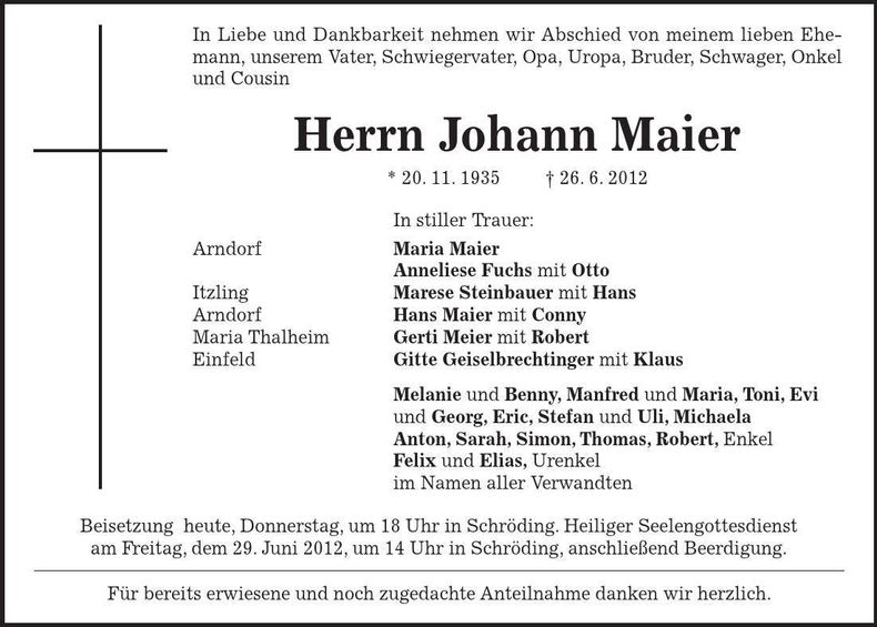 Traueranzeige Johann Maier