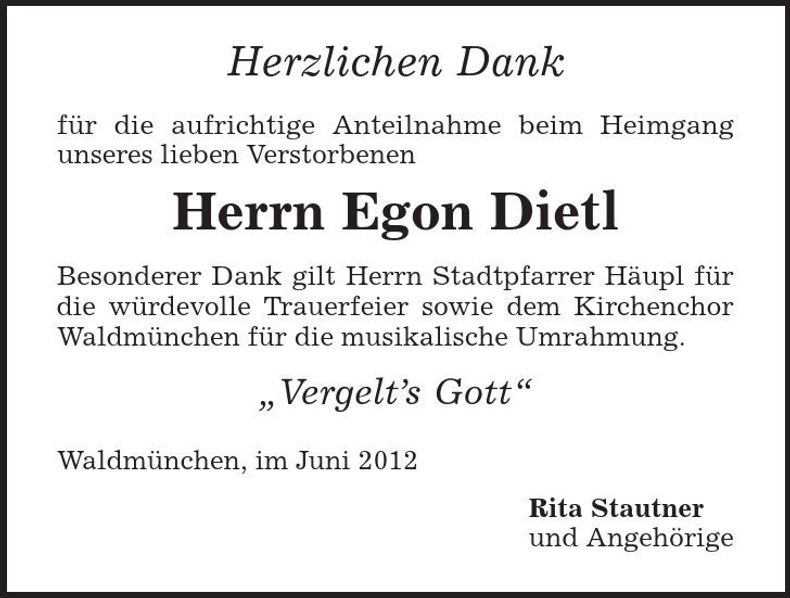 Traueranzeige Egon Dietl
