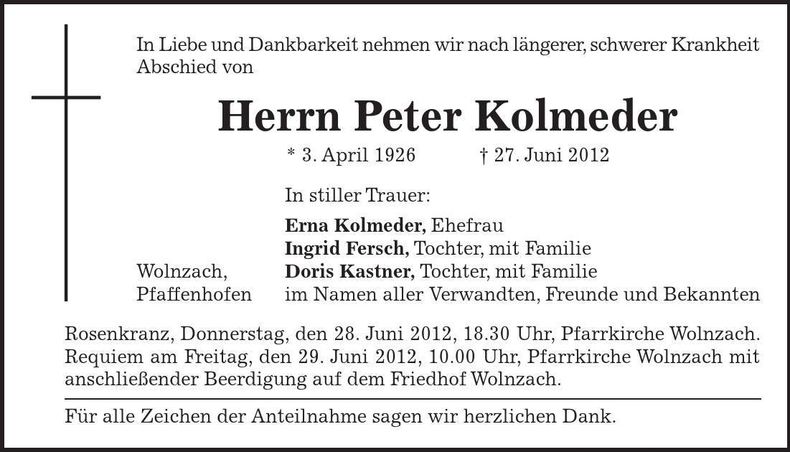 Traueranzeige Peter Kolmeder