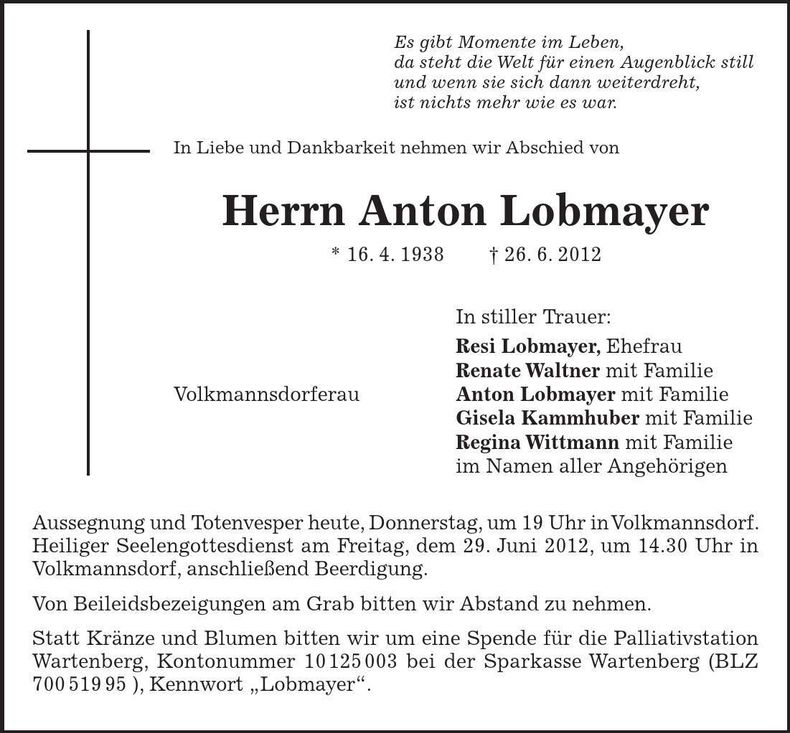 Traueranzeige Anton Lobmayer