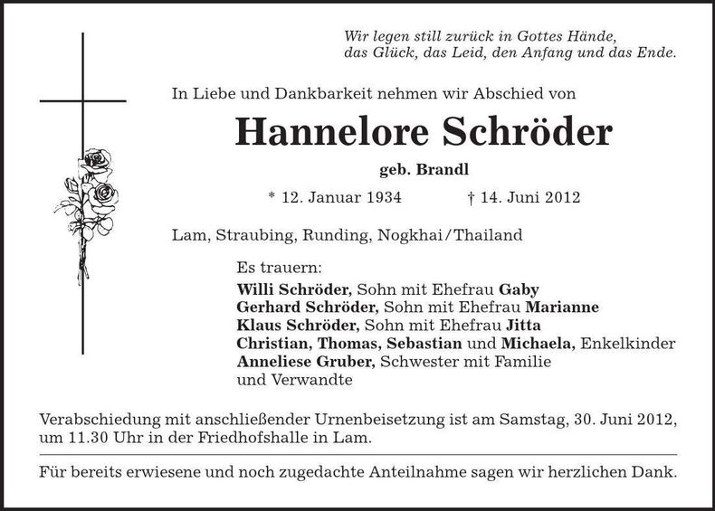 Traueranzeige Hannelore Schröder