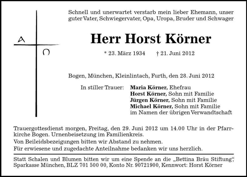 Traueranzeige Horst Körner