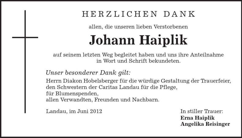 Traueranzeige Johann Haiplik